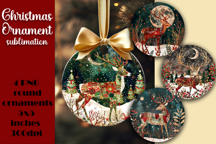 Round Christmas Ornament PNG | embroidery Deer PNG
