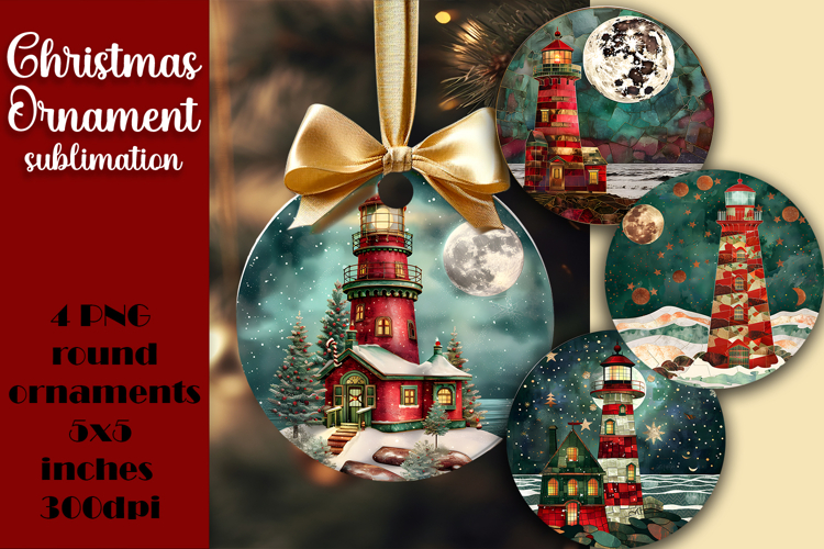 Vintage Christmas lighthouse Ornament Sublimation Round Orna