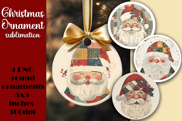 Vintage Santa Ornament Sublimation, Round Ornament Png
