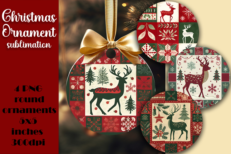 Round Christmas Ornament PNG | embroidery Deer PNG