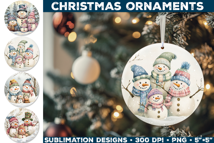 Cute Snowman Family Christmas Ornament Sublimation Design