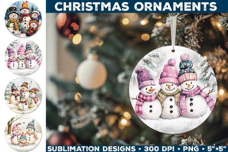 Cute Snowman Family Christmas Ornament Sublimation Design