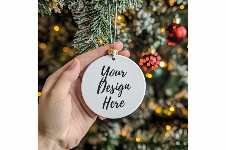 Christmas Ornament Mockup, Round White Ceramic Ornament_3