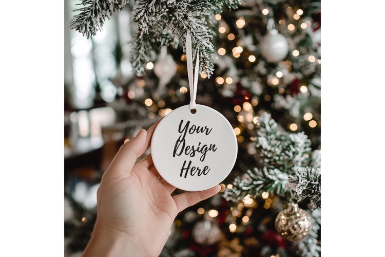 Christmas Ornament Mockup, Round White Ceramic Ornament_4