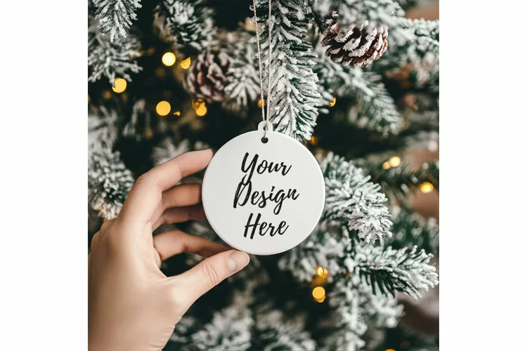 Christmas Ornament Mockup, Round White Ceramic Ornament_5
