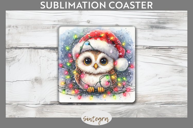 Christmas Owl Entangled in Lights Square Coaster Sublimation example image 1