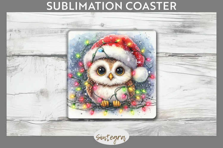 Christmas Owl Entangled in Lights Square Coaster Sublimation