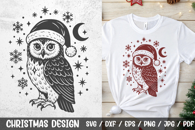 Christmas Owl SVG | Festive Owl in Santa Hat with Snowflakes