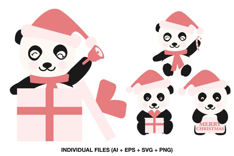 Christmas Panda Clipart with Santa Hats & Gifts