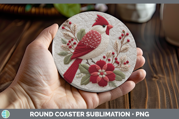 Cardinal Christmas Patch Round Coaster Sublimation Design