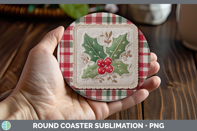 Holly Christmas Patch Round Coaster Sublimation Design