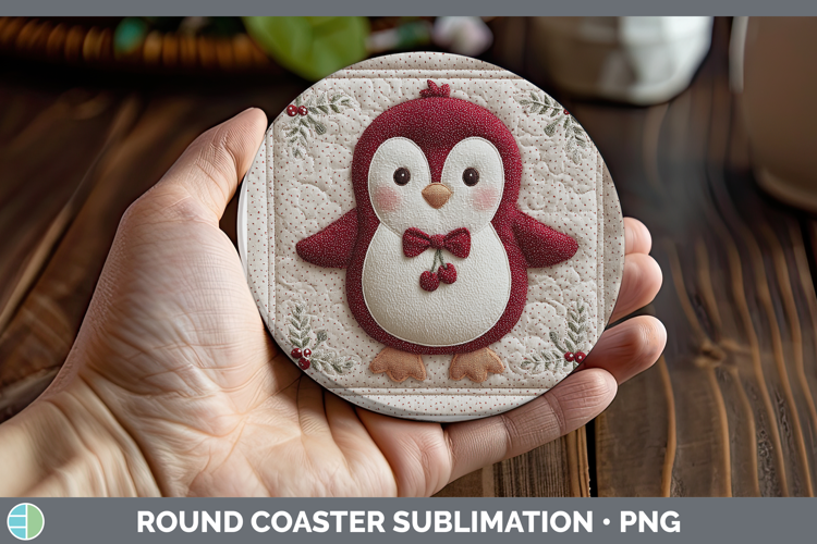 Penguin Christmas Patch Round Coaster Sublimation Design