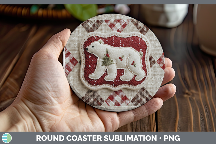 Polar Bear Christmas Patch Round Coaster Sublimation Design