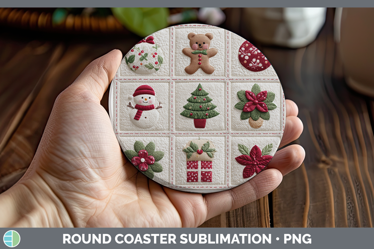 Quilt Christmas Patch Round Coaster Sublimation Design