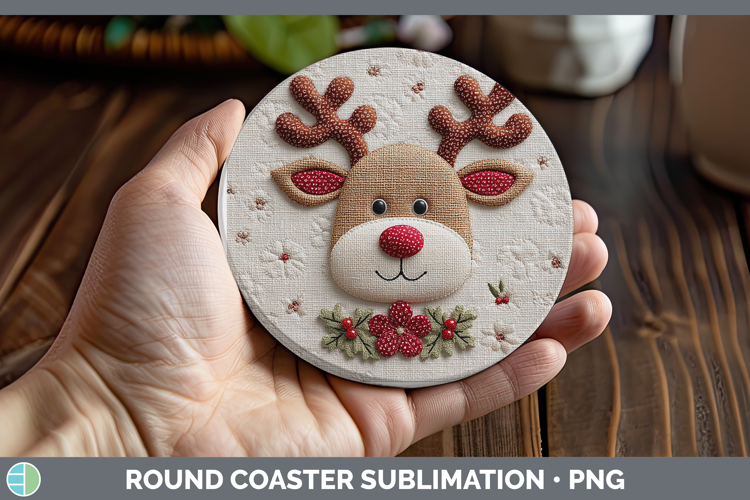 Reindeer Christmas Patch Round Coaster Sublimation Design