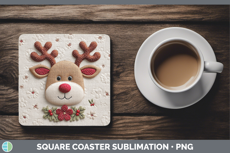 Reindeer Christmas Patch Square Coaster Sublimation Design