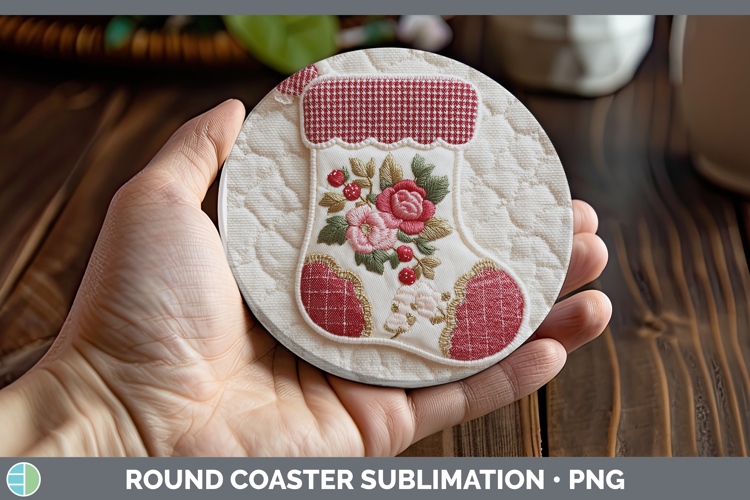 Stocking Christmas Patch Round Coaster Sublimation Design