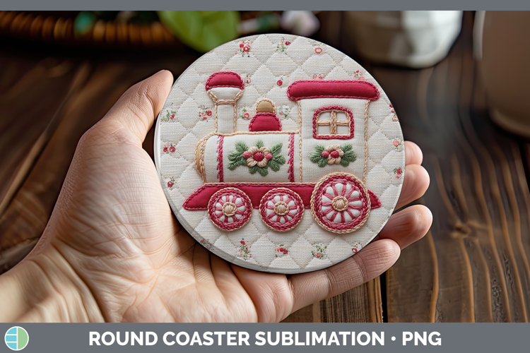 Train Christmas Patch Round Coaster Sublimation Design