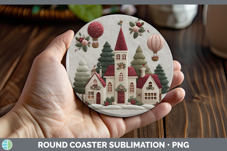 Village Christmas Patch Round Coaster Sublimation Design