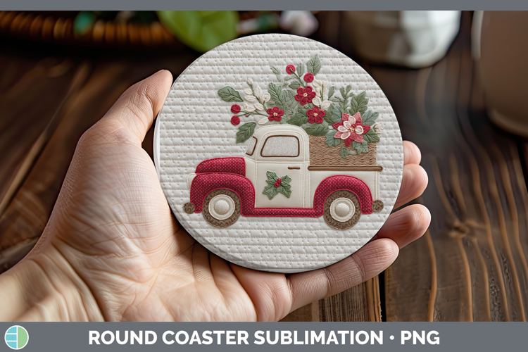 Vintage Truck Christmas Patch Round Coaster Sublimation Desi