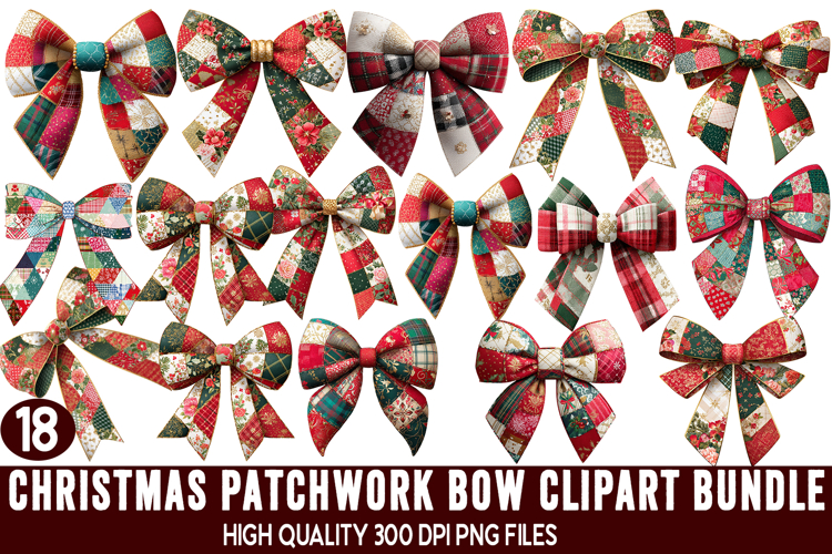 Christmas Patchwork Bow Clipart PNG Bundle