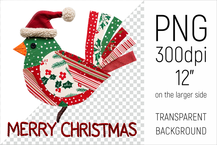 Christmas Patchwork Cardinal Bird | Merry Christmas Clipart