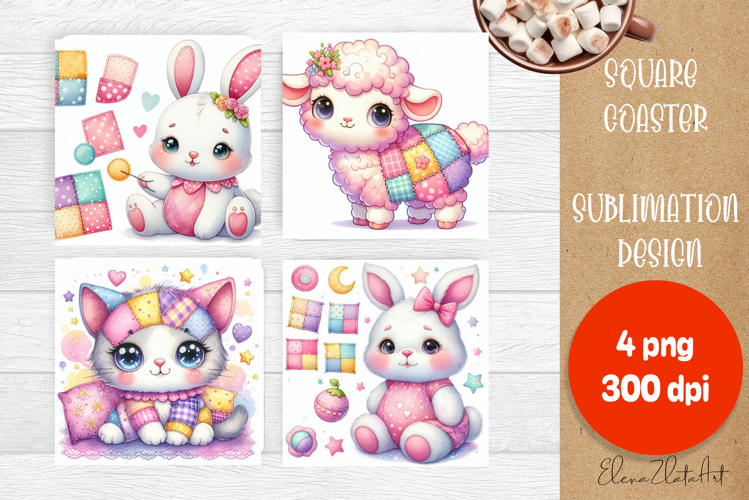 Funny animal patchwork square coaster sublimation designs