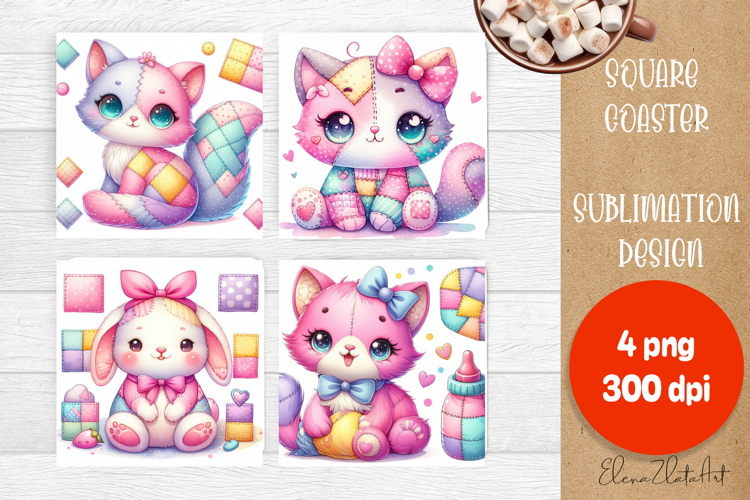Funny animal patchwork square coaster sublimation designs