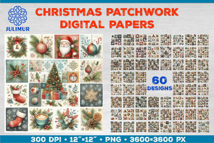 Watercolor Christmas Patchwork Digital Paper Designs Bundle