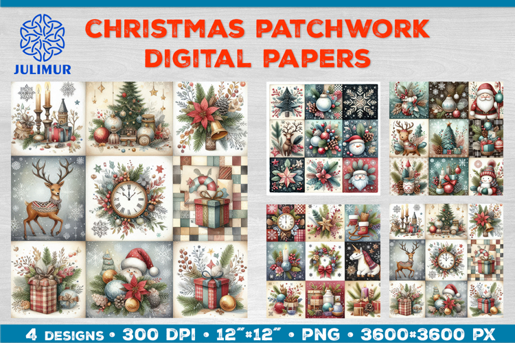 Watercolor Christmas Patchwork Digital Paper Designs