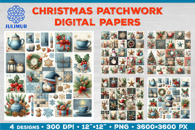 Watercolor Christmas Patchwork Digital Paper Designs