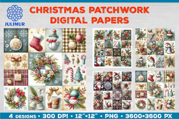 Watercolor Christmas Patchwork Digital Paper Designs