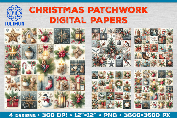 Watercolor Christmas Patchwork Digital Paper Designs