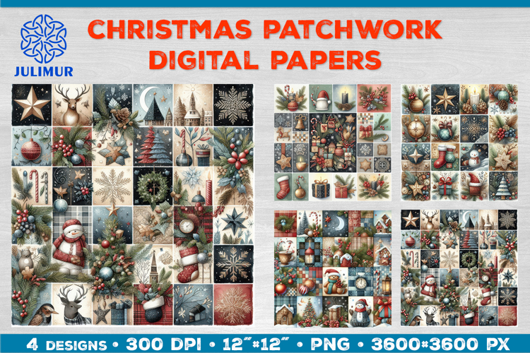 Watercolor Christmas Patchwork Digital Paper Designs