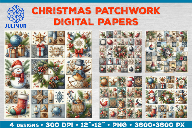 Watercolor Christmas Patchwork Digital Paper Designs