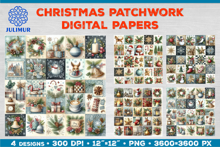 Watercolor Christmas Patchwork Digital Paper Designs