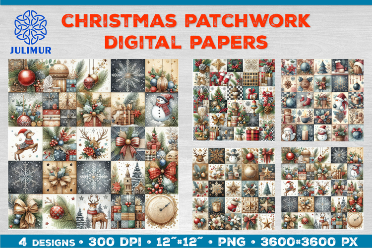 Watercolor Christmas Patchwork Digital Paper Designs