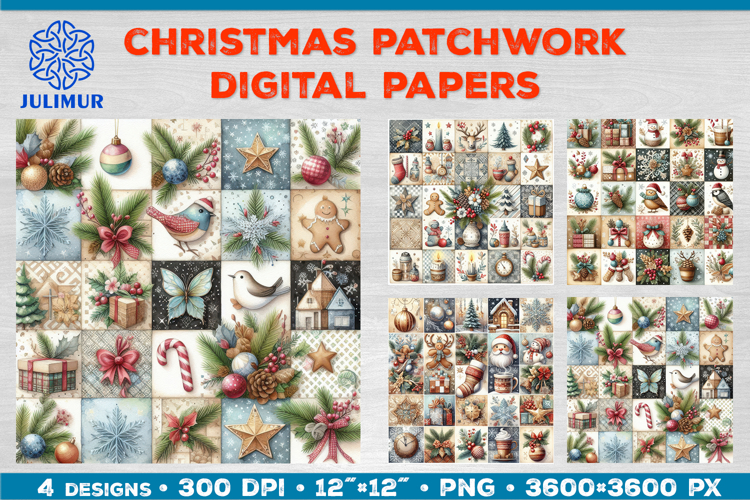 Watercolor Christmas Patchwork Digital Paper Designs
