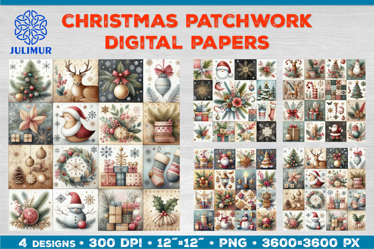 Watercolor Christmas Patchwork Digital Paper Designs