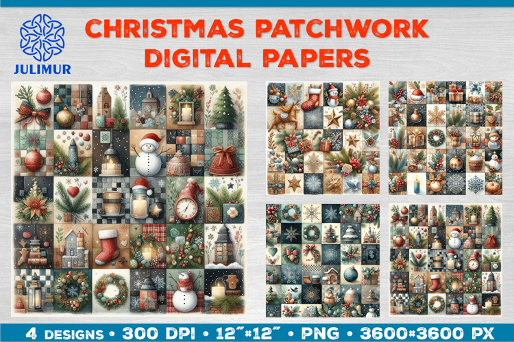 Watercolor Christmas Patchwork Digital Paper Designs