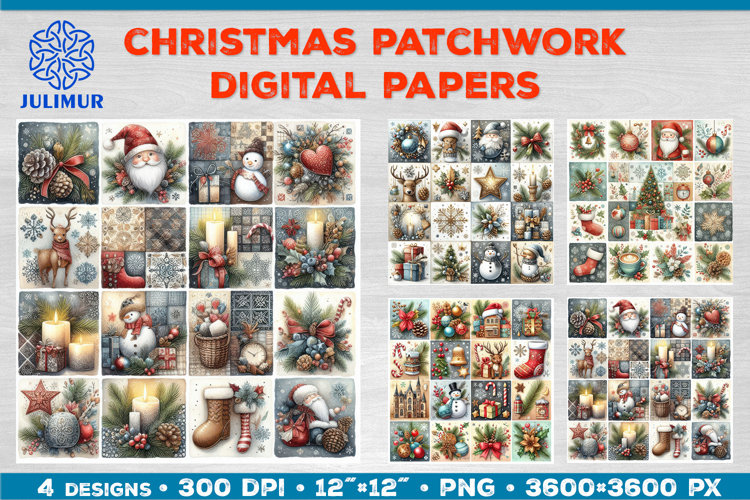 Watercolor Christmas Patchwork Digital Paper Designs