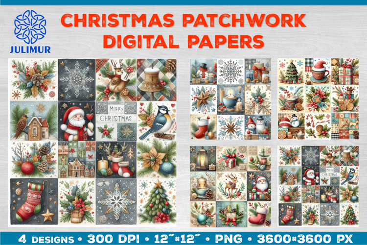 Watercolor Christmas Patchwork Digital Paper Designs