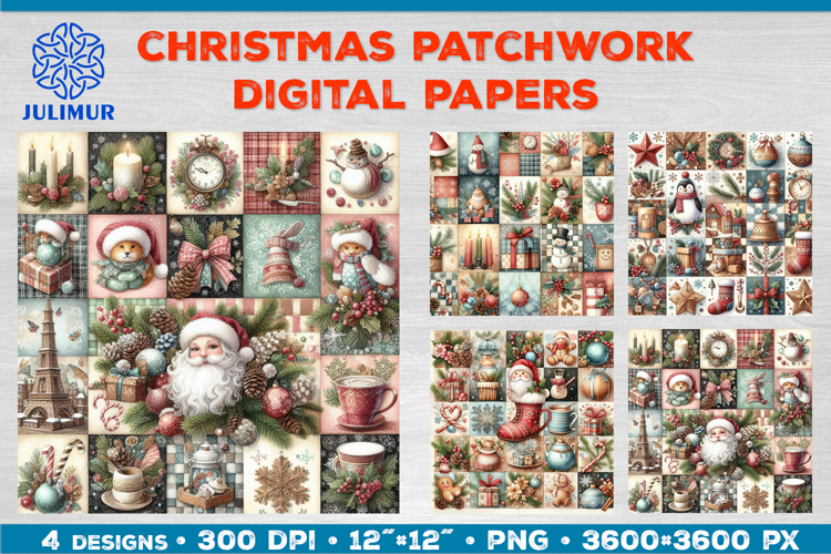 Watercolor Christmas Patchwork Digital Paper Designs