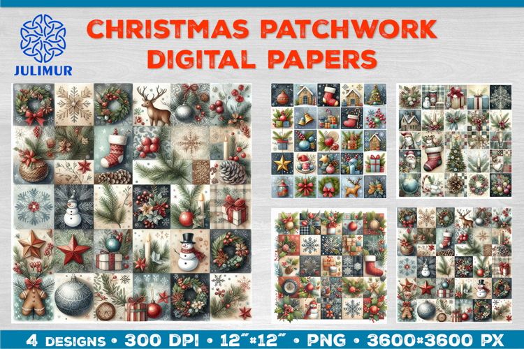 Watercolor Christmas Patchwork Digital Paper Designs