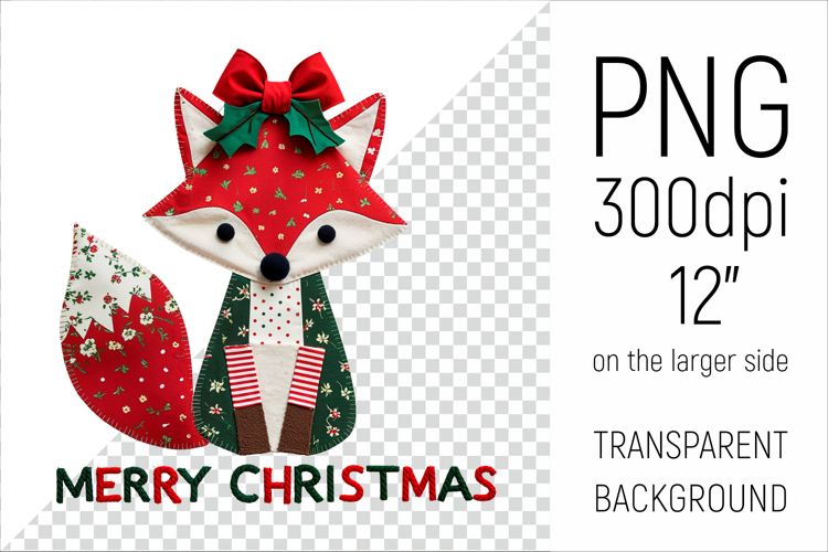 Christmas Patchwork Fox PNG | Merry Christmas Clipart