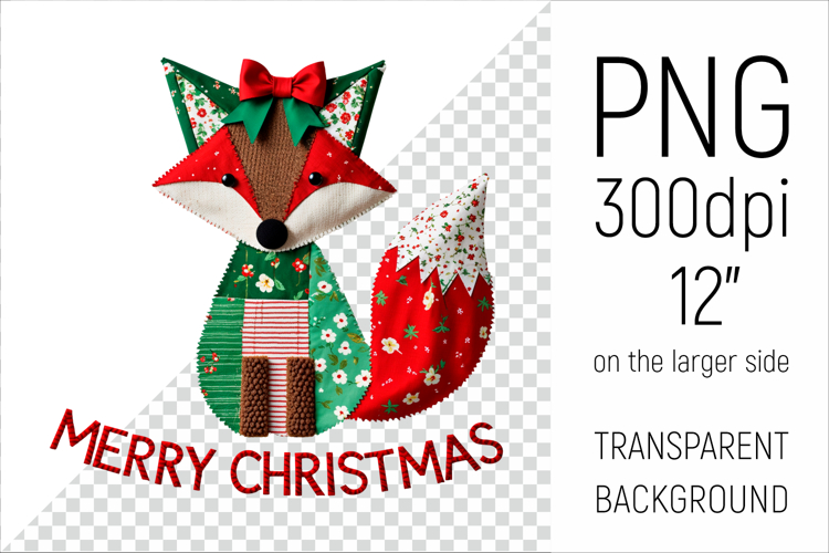 Christmas Patchwork Fox PNG | Merry Christmas Clipart
