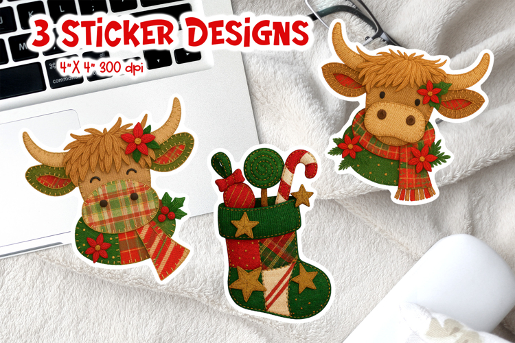 Patchwork Christmas Sticker Printable | Highland Cow Stockin