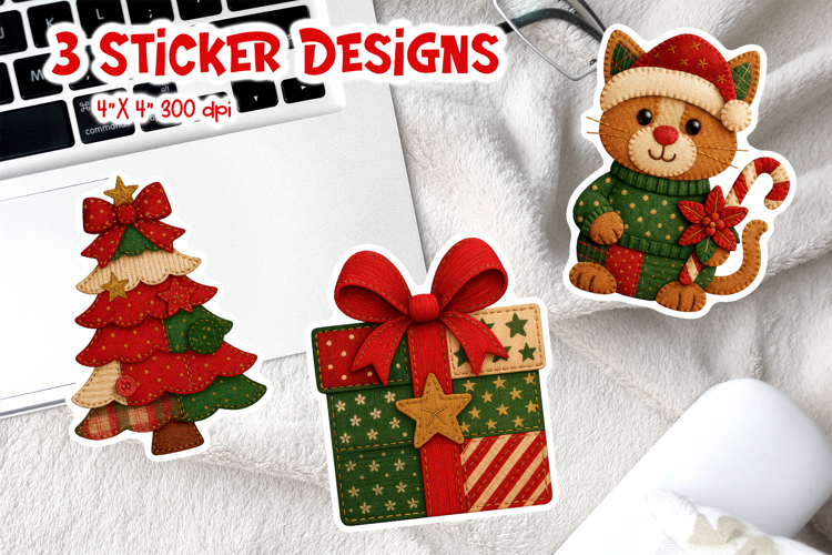 Patchwork Christmas Sticker Printable | Tree Gift Cat