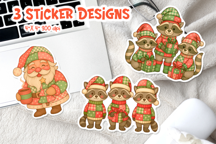 Christmas Patchwork Sticker Printable | Santa Raccoons