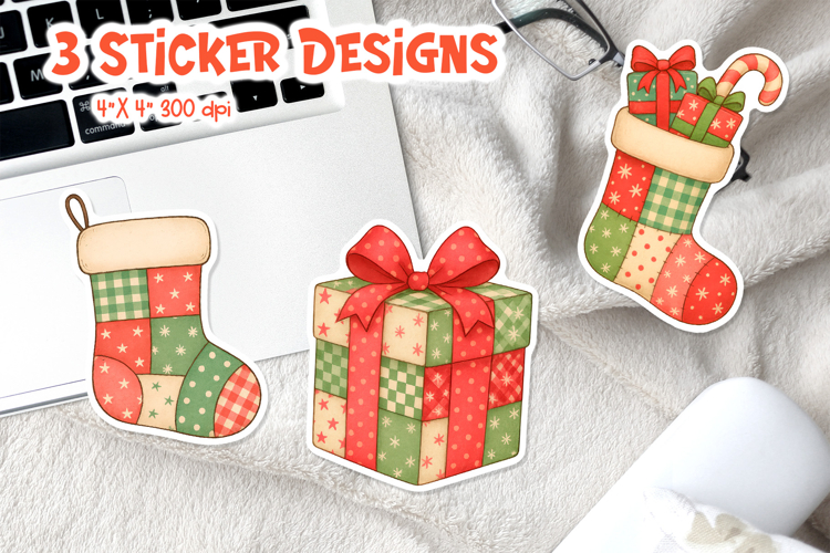 Christmas Patchwork Sticker Printable | Stockings Gift Box